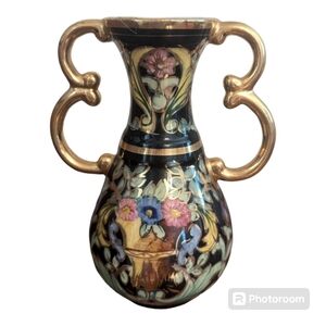 Vintage 50's H. Bequet Quaregnon #321 Belgium Black & Gold Twin Handled Vase 7"